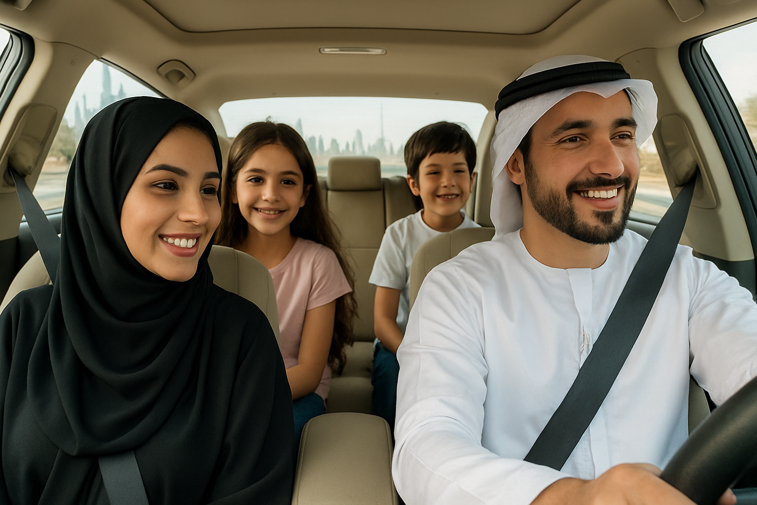 Family enjoying a comfortable road trip in Dubai